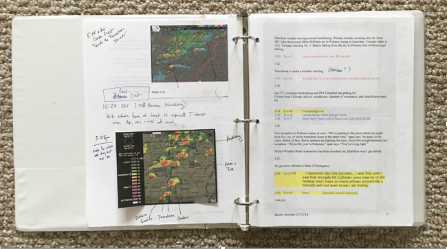 Pages from a 3-ring binder that show how author Kim Cross organized notes in a timeline for her book "What Stands in a Storm"